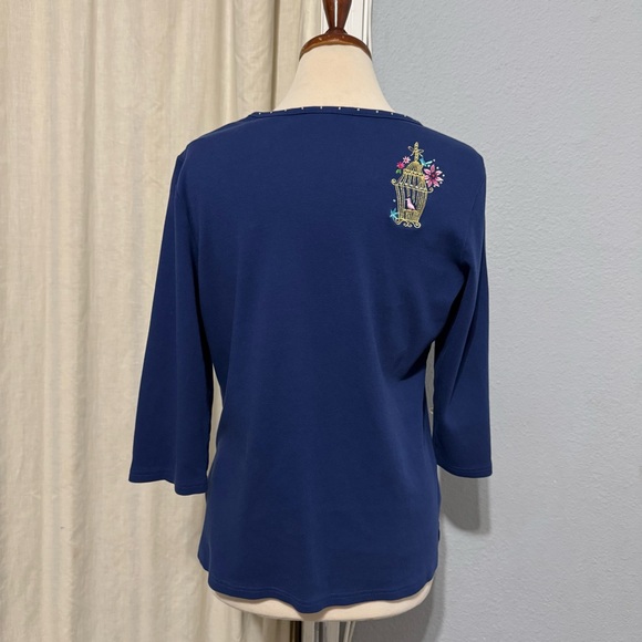 Vintage Quacker Factory Navy Top with Beautiful Birdcage Embroidery 3/4 Sleeve M - Picture 5 of 13